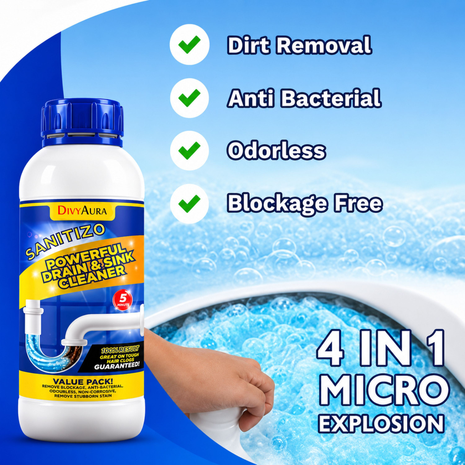 Image of Divy Aura Divy Aura Powerfull Drain Cleaner Powder 200 GM Anti-Blockage Pipe Cleaner Powder Drain Opener