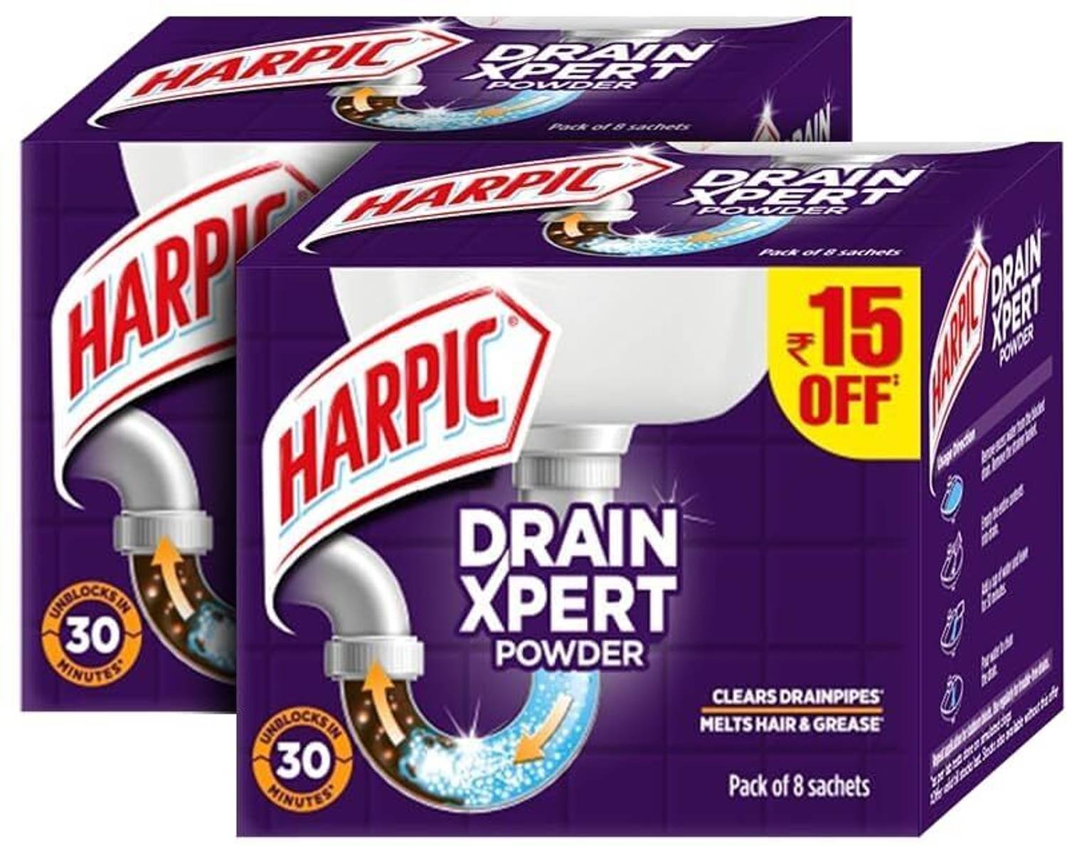 Harpic Drain Xpert Drain Cleaner Powder (50g x 8) Effective