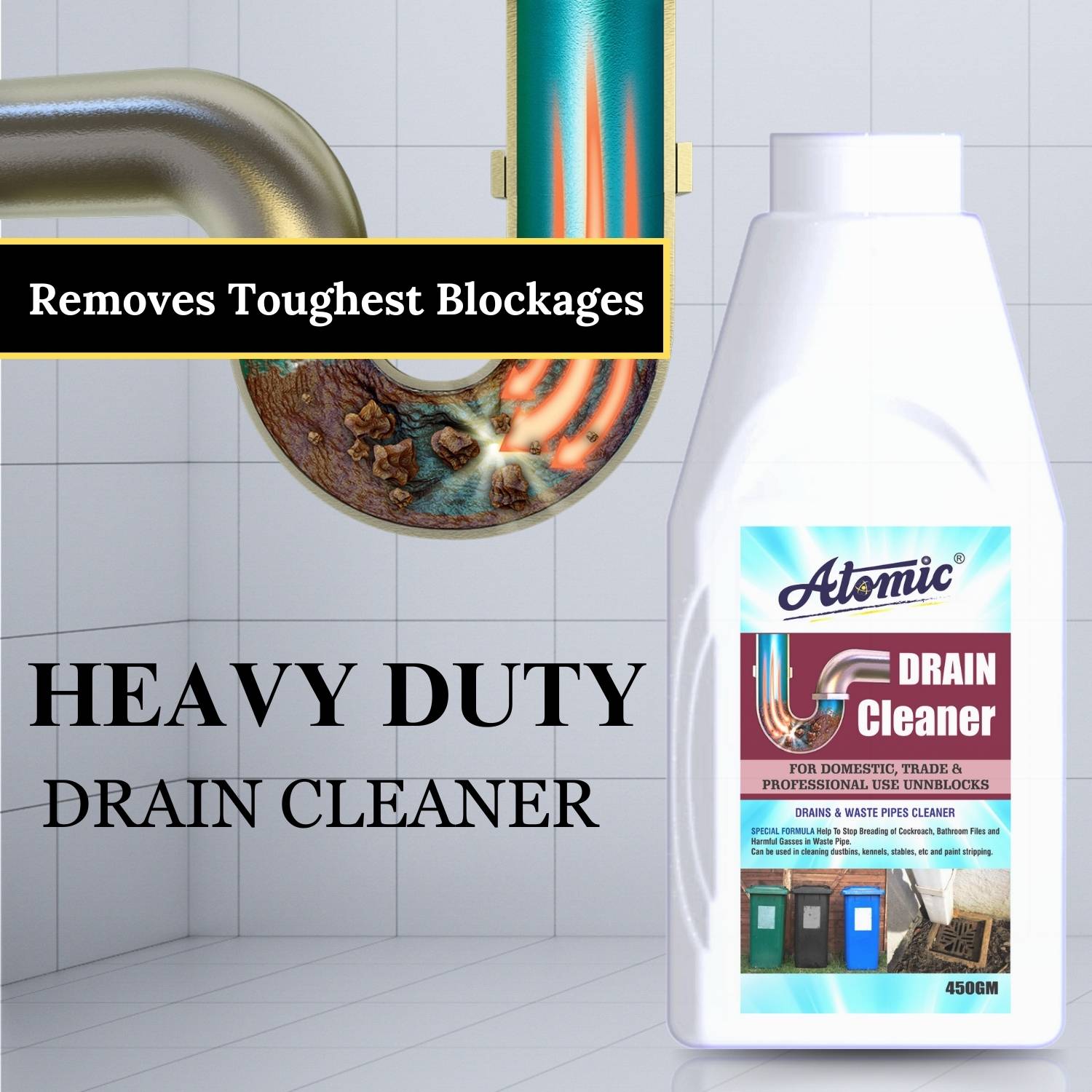 ATOMIC Kitchen & Bathroom Drain Cleaner Powder, Clog Remover Powder Drain Opener