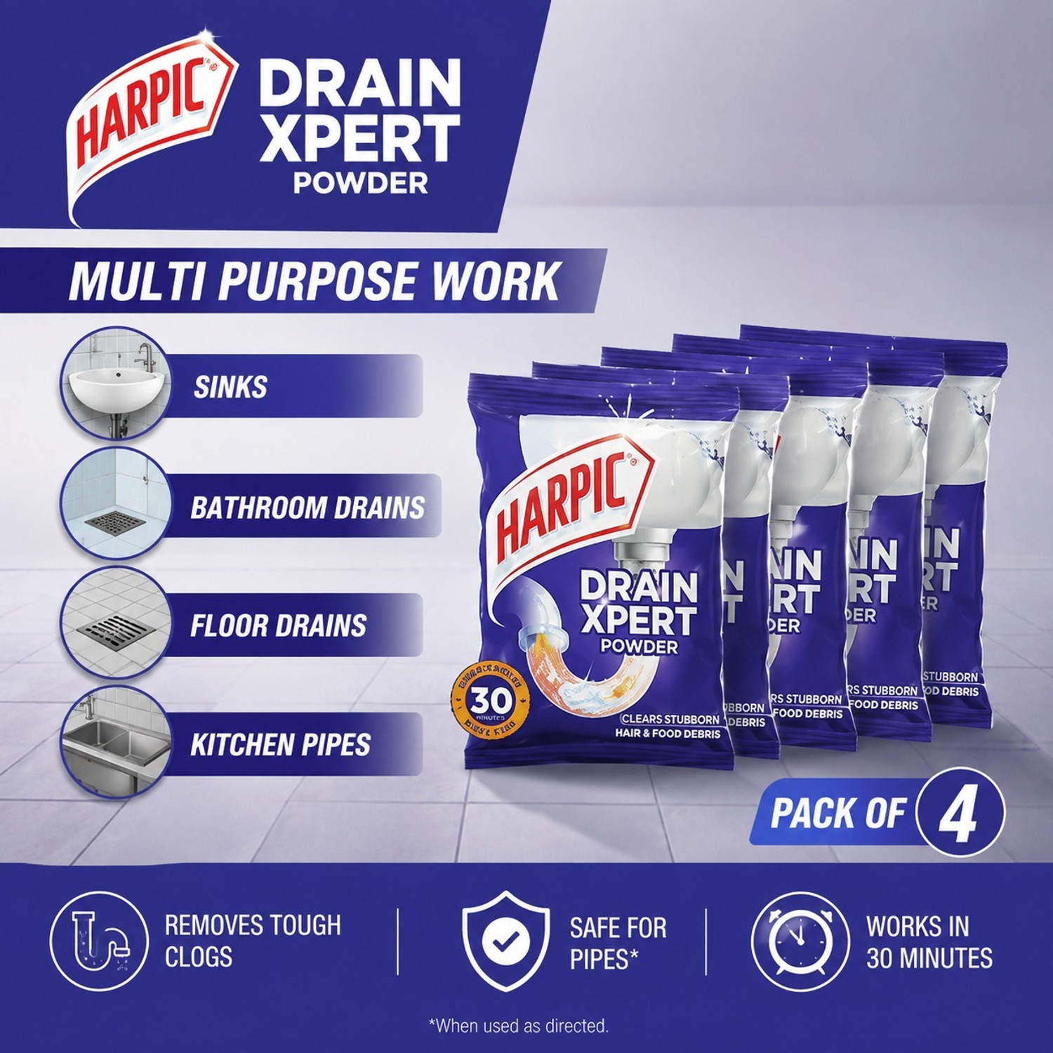 Image of Harpic Advanced Home Drain Unblocker Powder Pack of 4 Powder Drain Opener