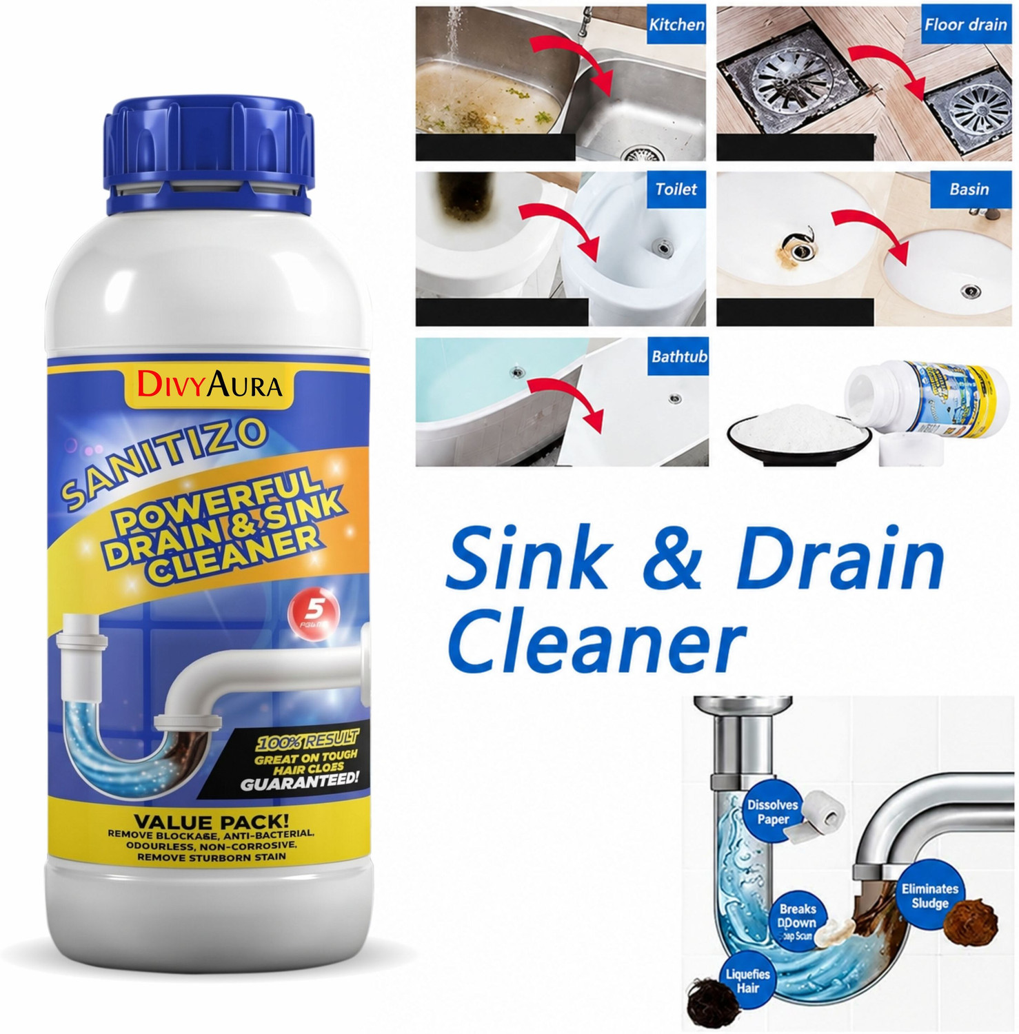 Image of Divy Aura Divy Aura Powerfull Drain Cleaner Powder 200 GM Anti-Blockage Pipe Cleaner Powder Drain Opener