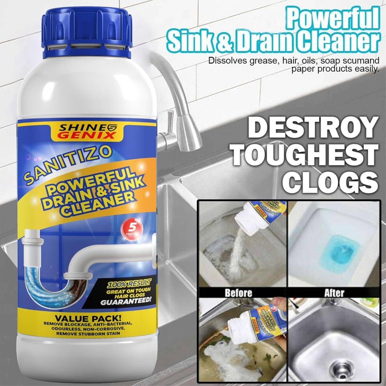 Shine Genix Sanitizo Drain Cleaner Powder & Sink Cleaner Toilet Cleaner  Powder Drain Opener