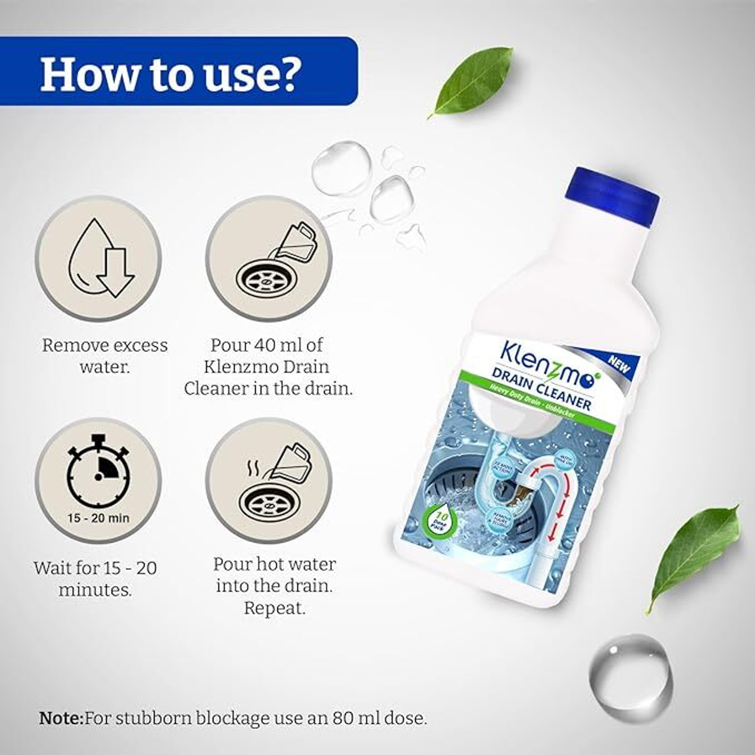 Image of Kleenest Klenzmo Drain Cleaner | 10-Dose Gel for Unblocking Kitchen & Bathroom Drains Liquid Drain Opener