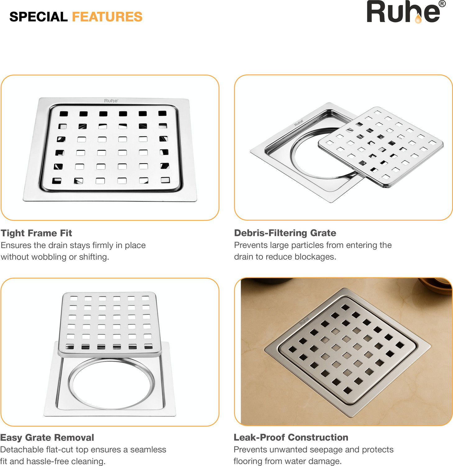 Image of RUHE Floor Stainless Steel Push Down Strainer