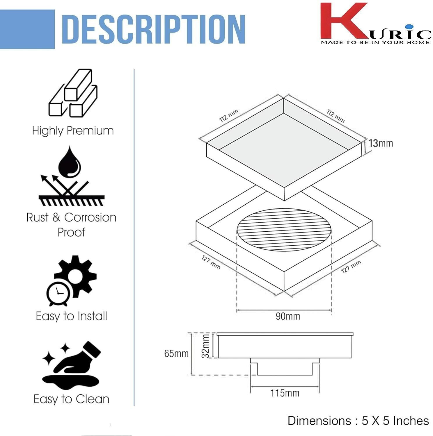 Image of KURIC Floor Stainless Steel Push Down Strainer