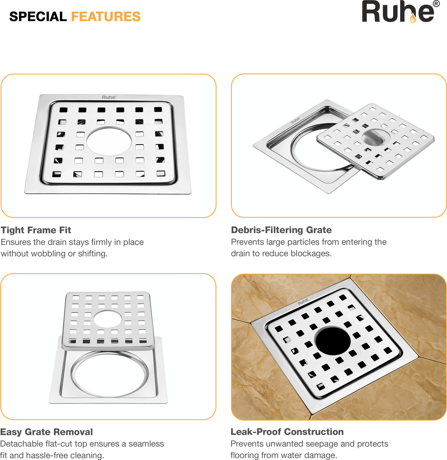Image of RUHE Floor Stainless Steel Push Down Strainer (12.7 cm Set of 1)