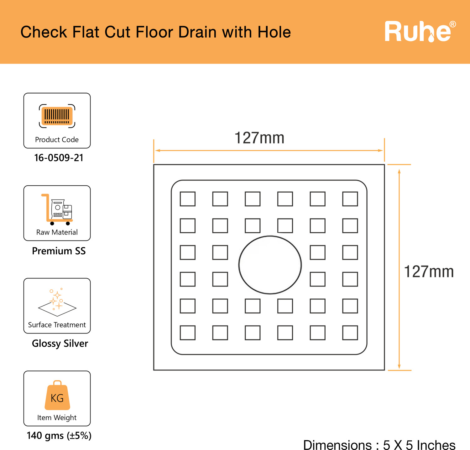 Image of RUHE Floor Stainless Steel Push Down Strainer (12.7 cm Set of 1)