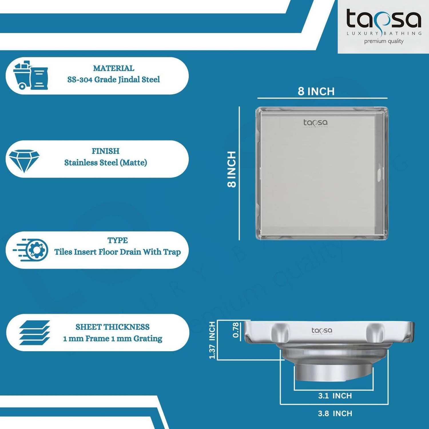Image of Tapsa Floor Stainless Steel Push Down Strainer