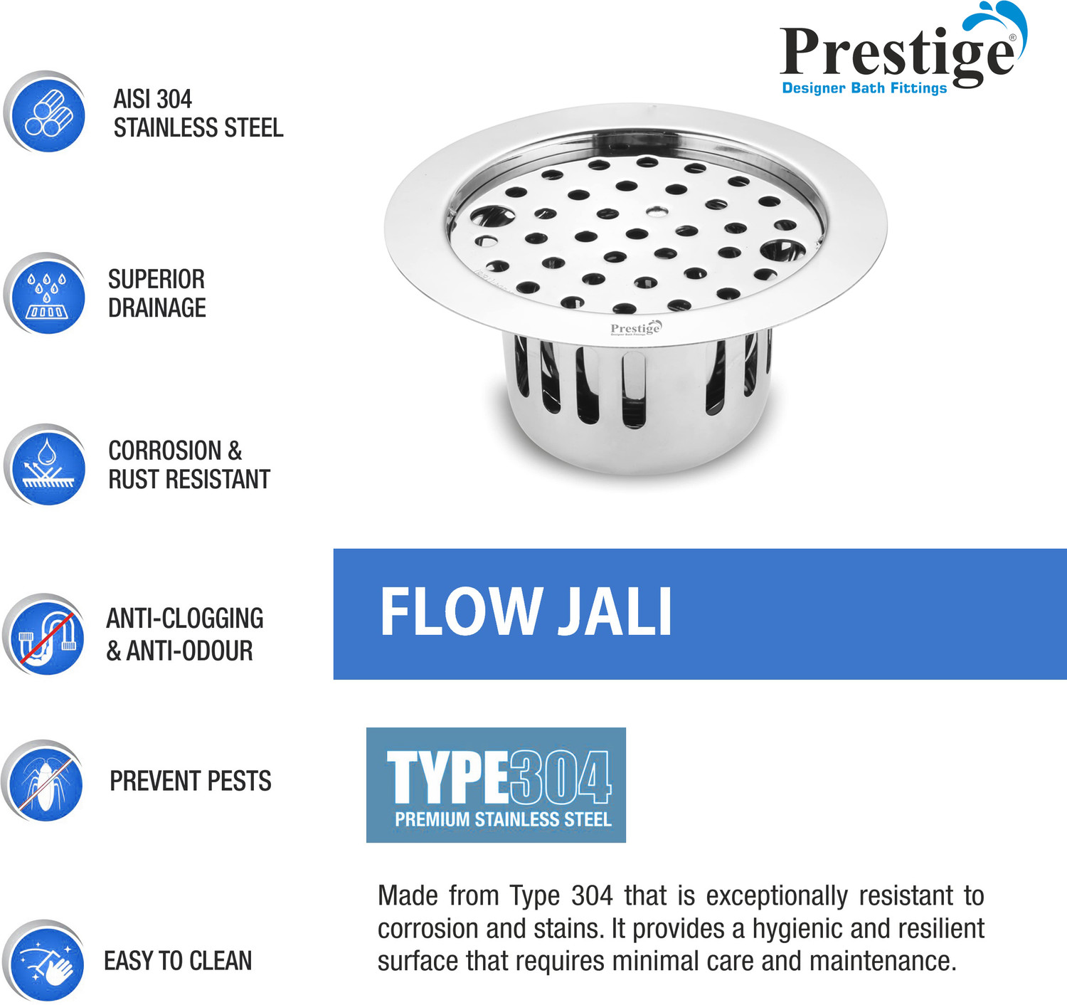 Image of Prestige Floor Stainless Steel Push Down Strainer