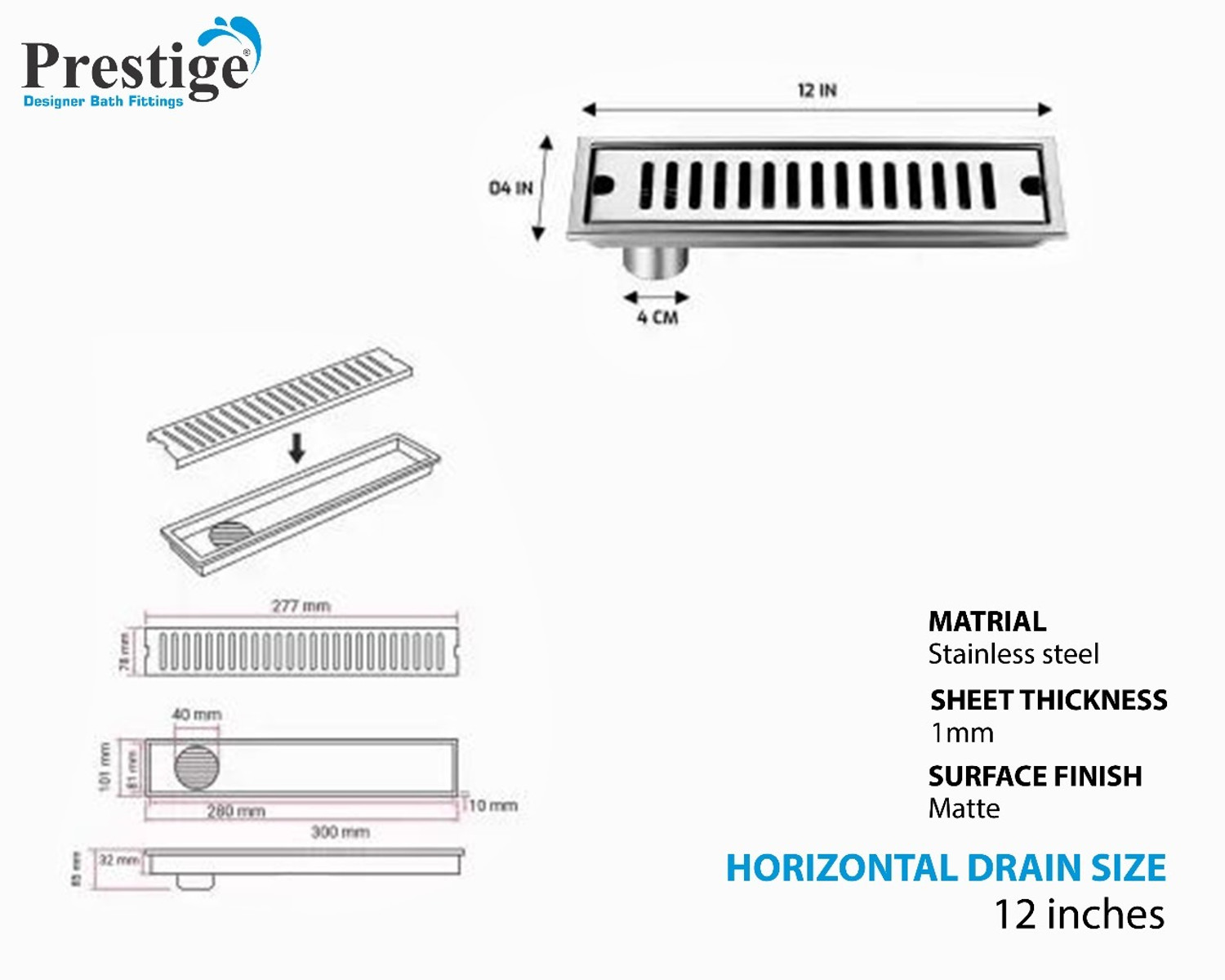 Image of Prestige Floor Stainless Steel Push Down Strainer