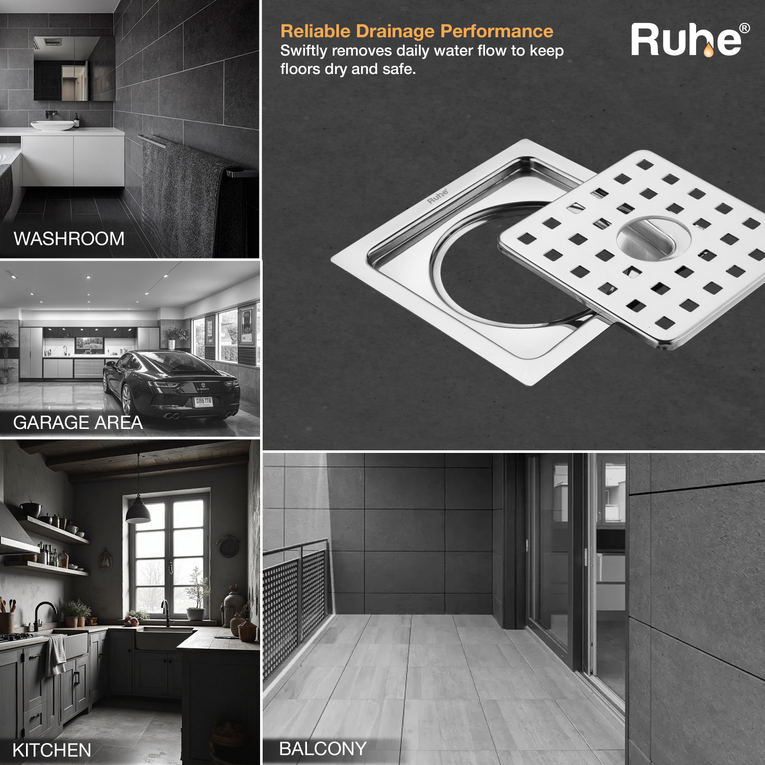 Image of RUHE Floor Stainless Steel Push Down Strainer (12.7 cm Set of 1)