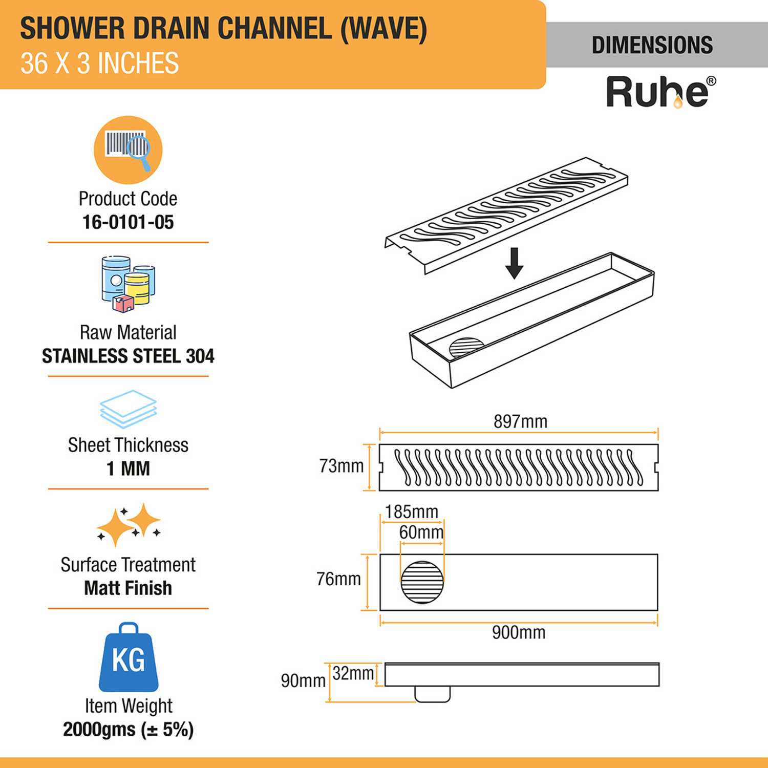 Image of RUHE Floor Stainless Steel Push Down Strainer
