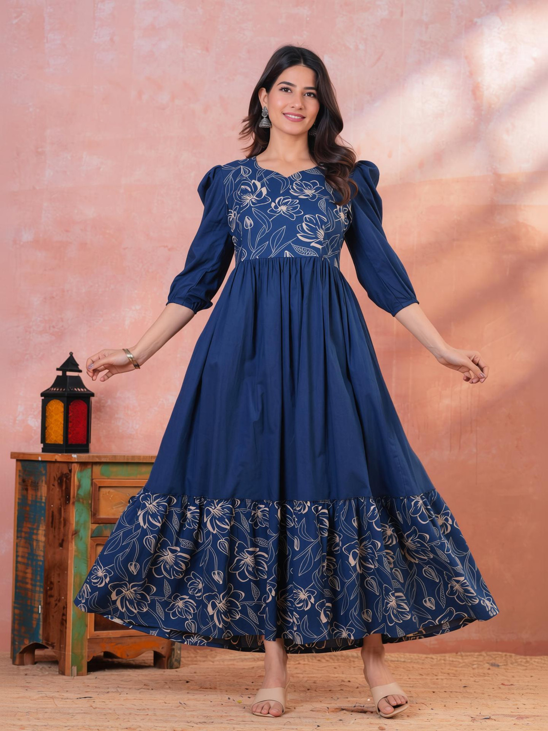SHANSH Women Gathered Blue Ankle Length Dress