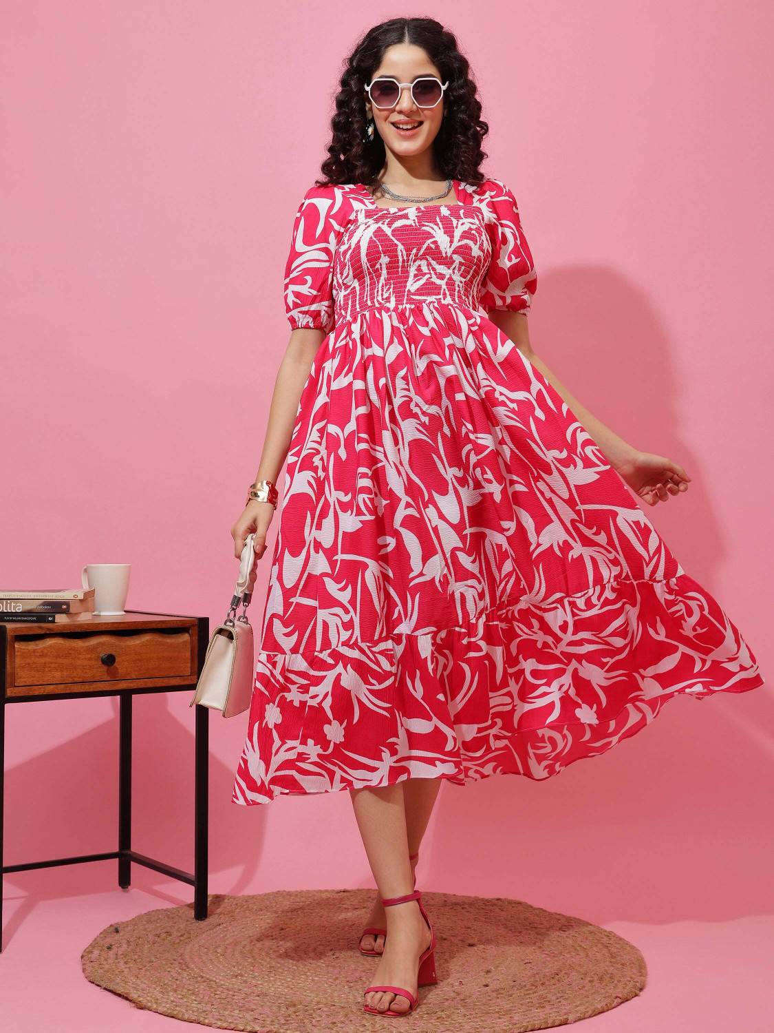 Image of Honky Tonky Women Fit and Flare Pink Midi /Calf Length Dress