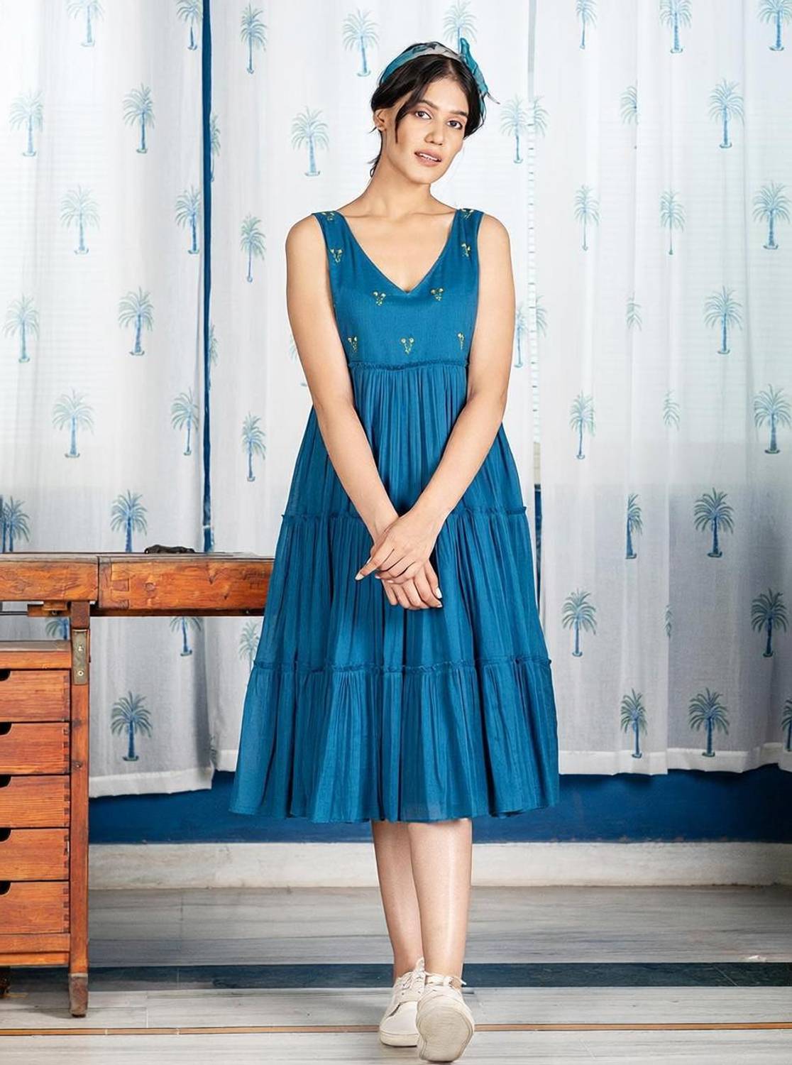 Shedika Women Fit and Flare Blue Midi/Calf Length Dress