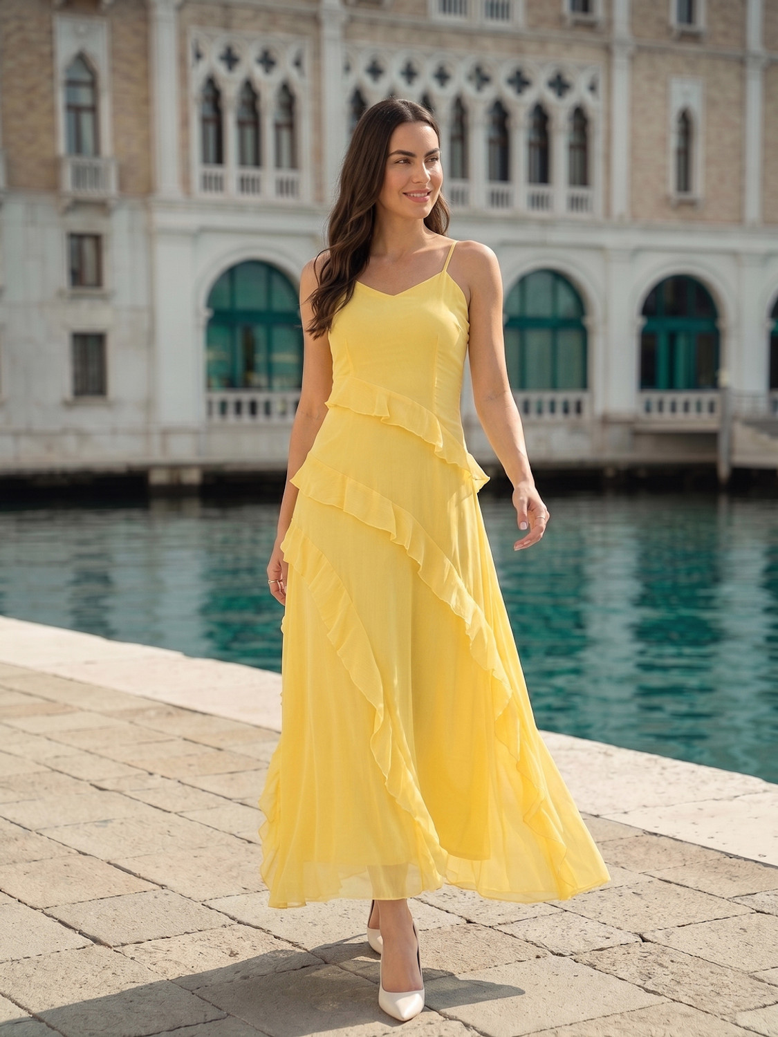 Image of AAYU Women Layered Yellow Maxi /Full Length Dress