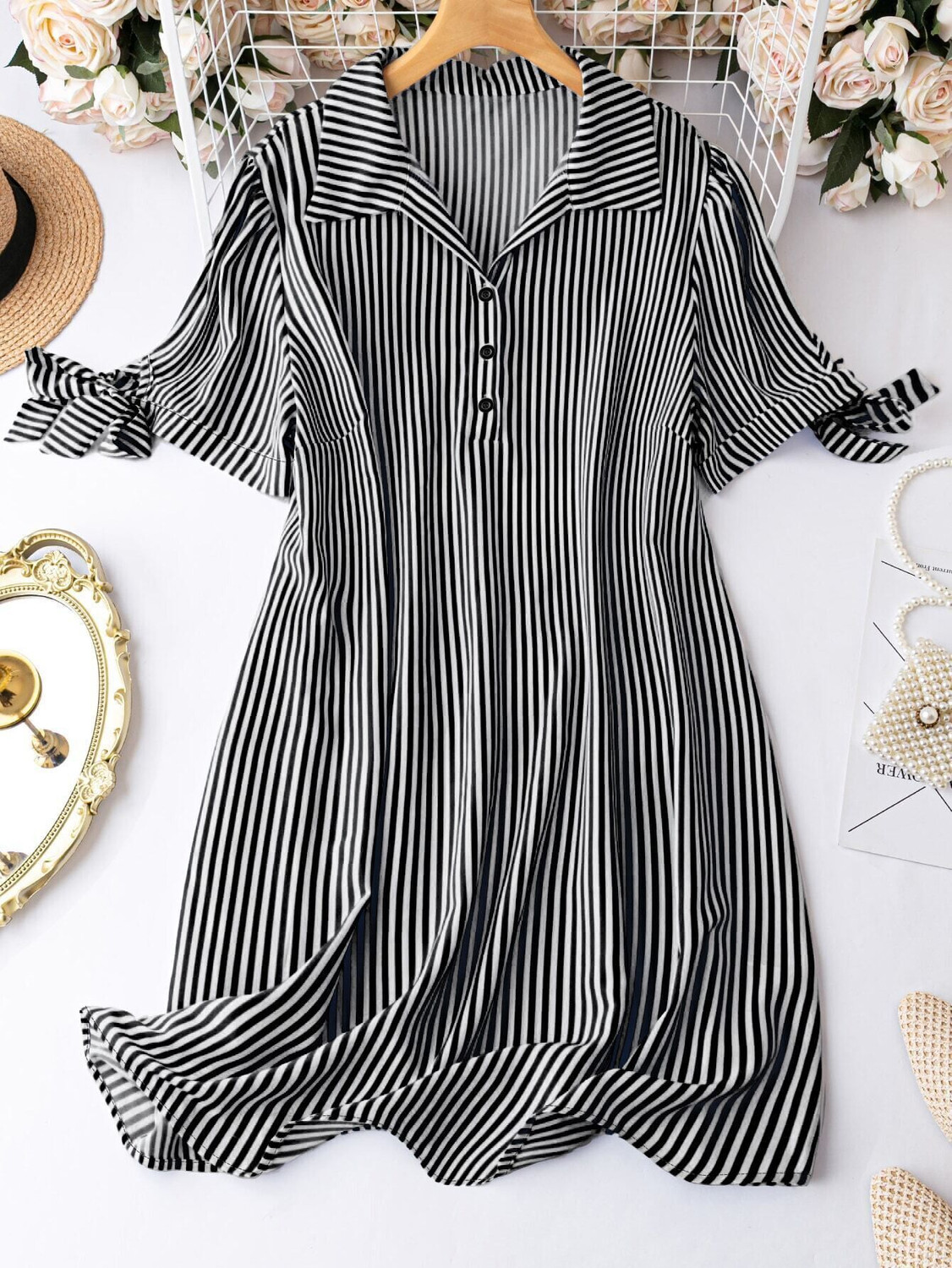 Image of Leriya Fashion Women Shirt Black, White Above Knee /Mid Thigh Length Dress