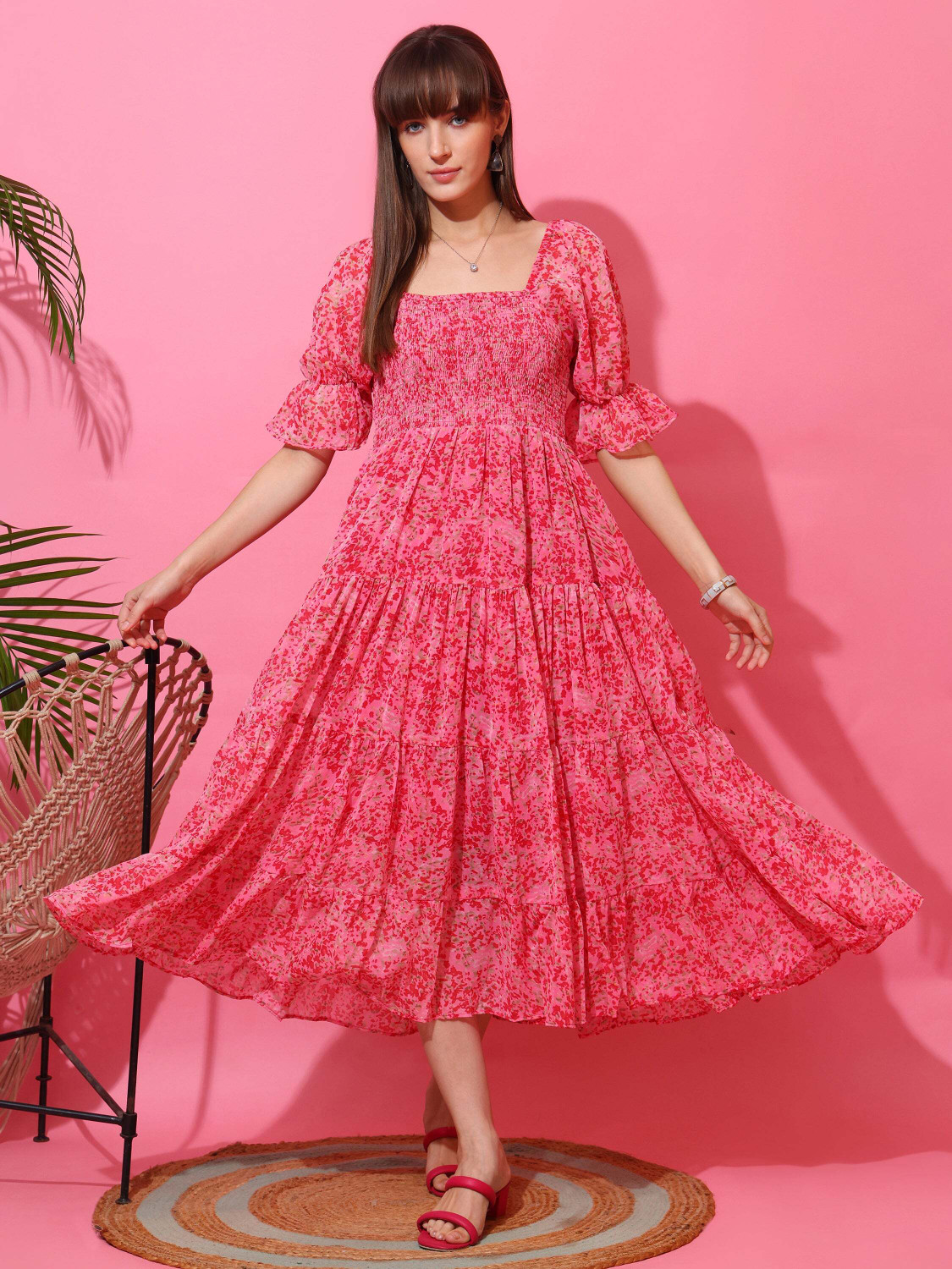 Image of Honky Tonky Women Fit and Flare Pink, Red Midi /Calf Length Dress