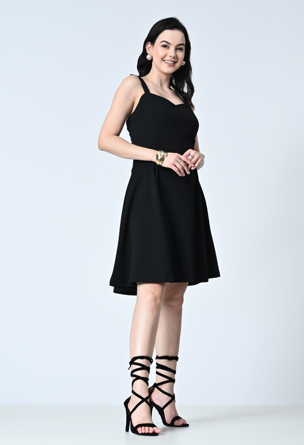 Image of OWL MINK Women Fit and Flare Black Knee Length Dress