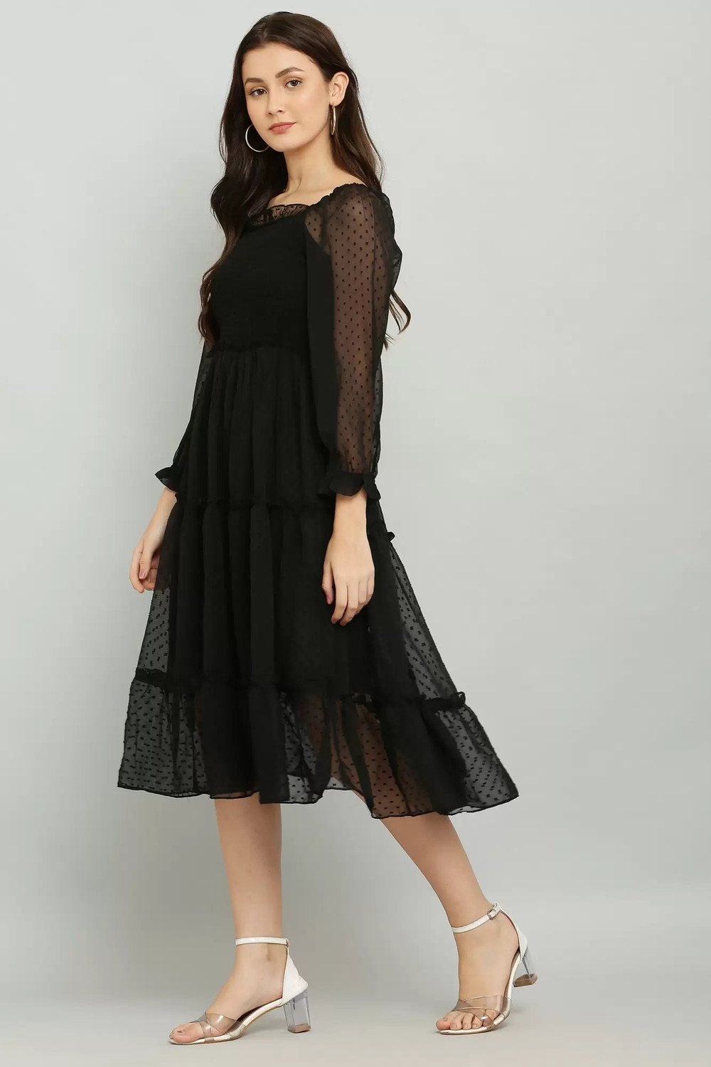 Image of Jazzups enterprises Women Fit and Flare Black Below Knee Dress