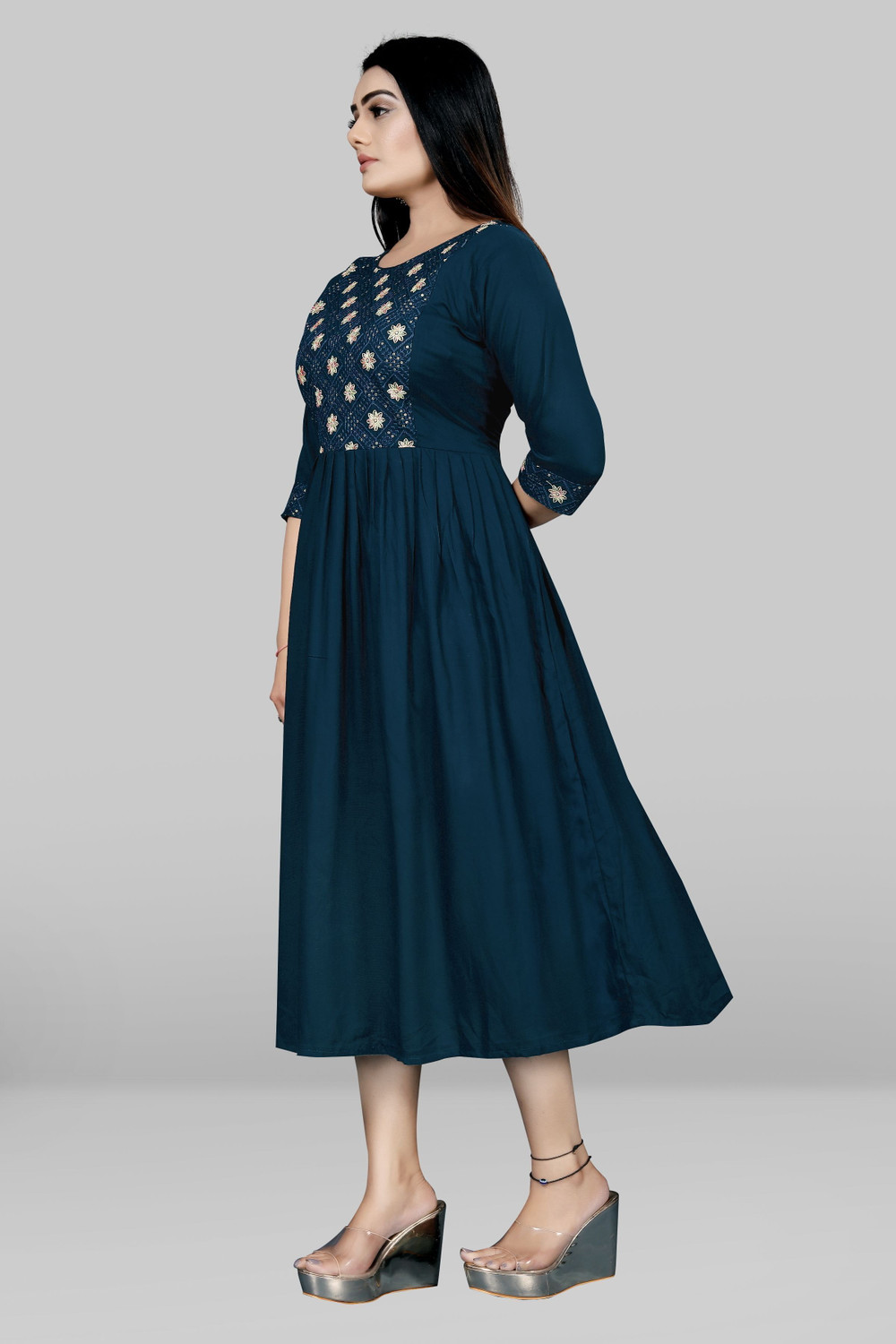 Image of sheladiya Women Fit and Flare Blue Midi /Calf Length Dress
