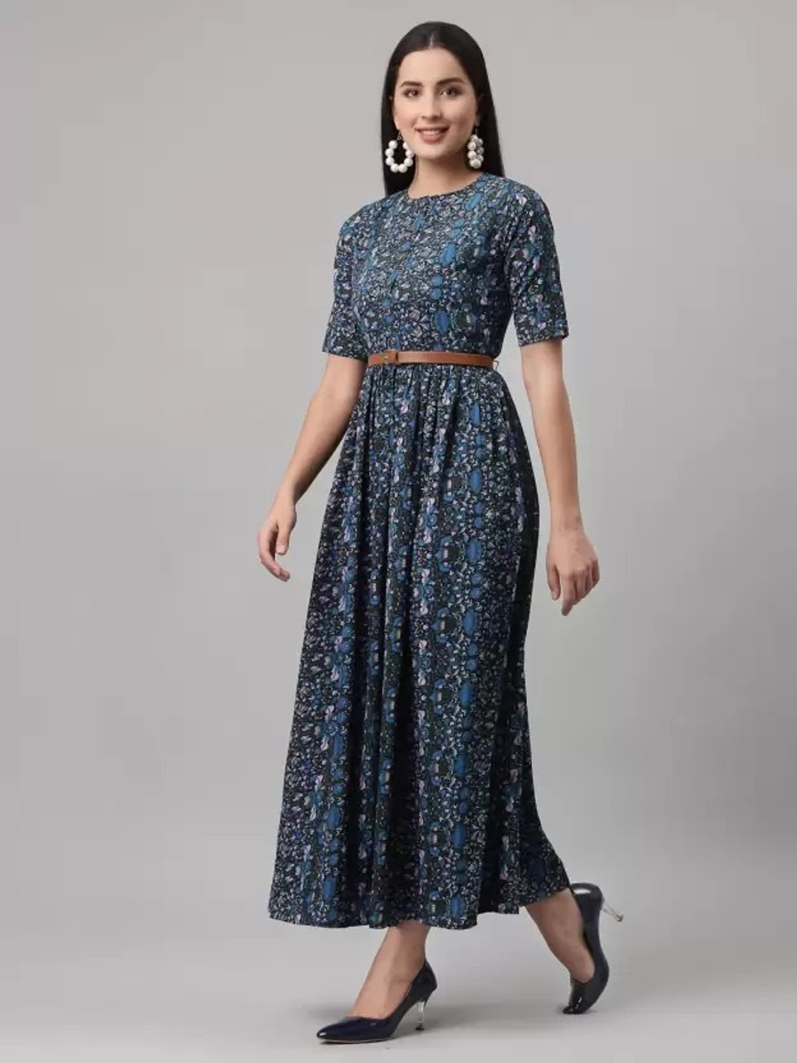 Image of S P STOUR Women Fit and Flare Blue Knee Length Dress