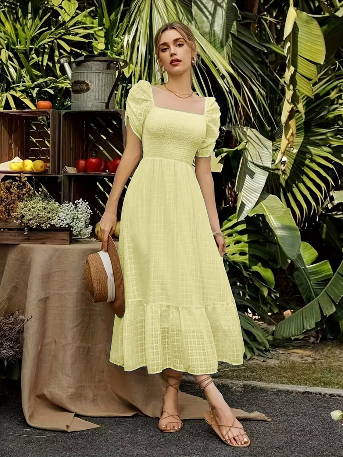 EMERYLA Women A-line Yellow Midi/Calf Length Dress