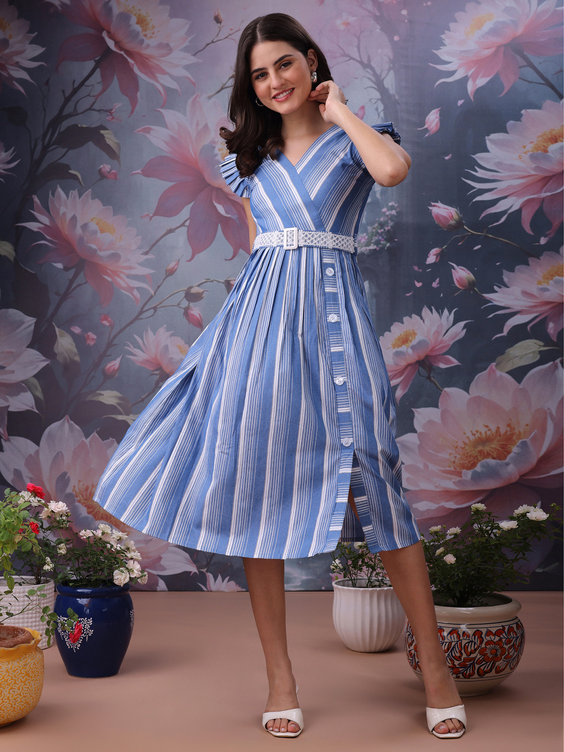 Image of Yanamora Women Fit and Flare Light Blue Midi /Calf Length Dress