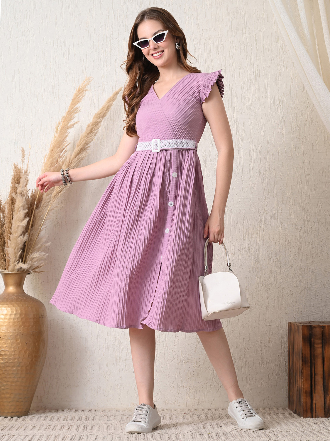 Image of TextileNow Women Fit and Flare Purple Knee Length Dress