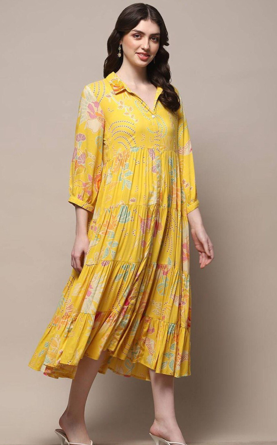Image of CLOTHCLICK Women Fit and Flare Yellow Midi /Calf Length Dress