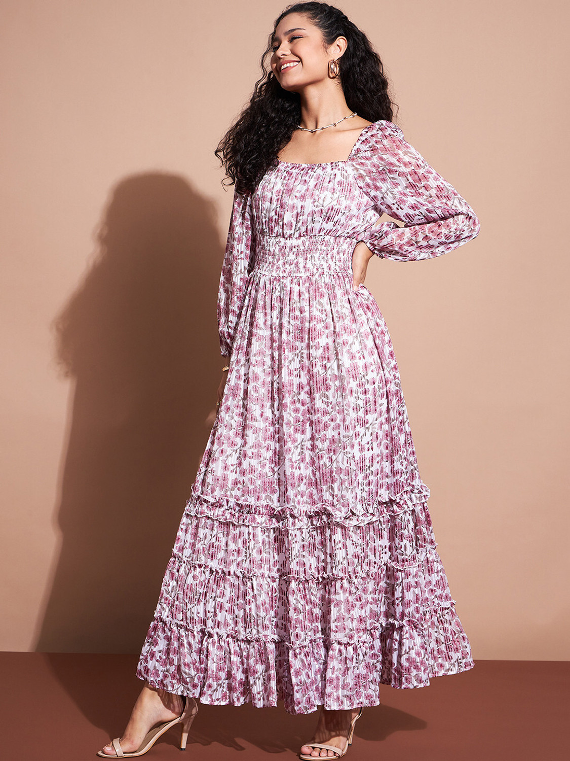 Image of Deewa Women Fit and Flare Purple, White Maxi /Full Length Dress