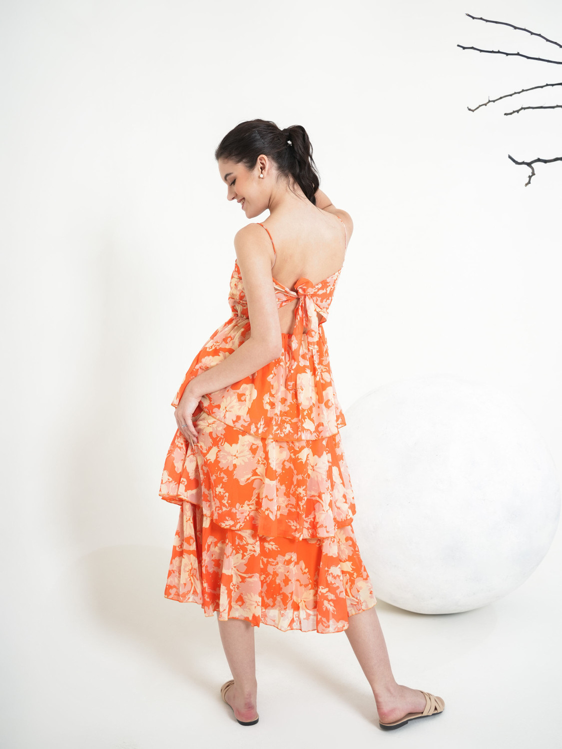 Image of PURVAJA Women Layered Orange Midi /Calf Length Dress