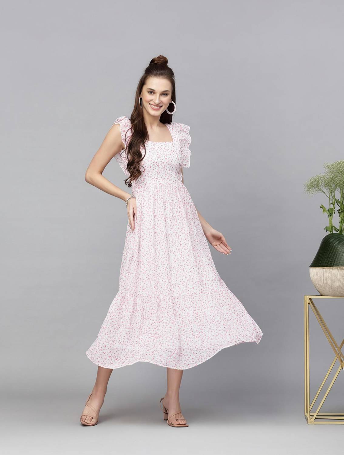AAYU Women Fit and Flare White, Pink Midi/Calf Length Dress