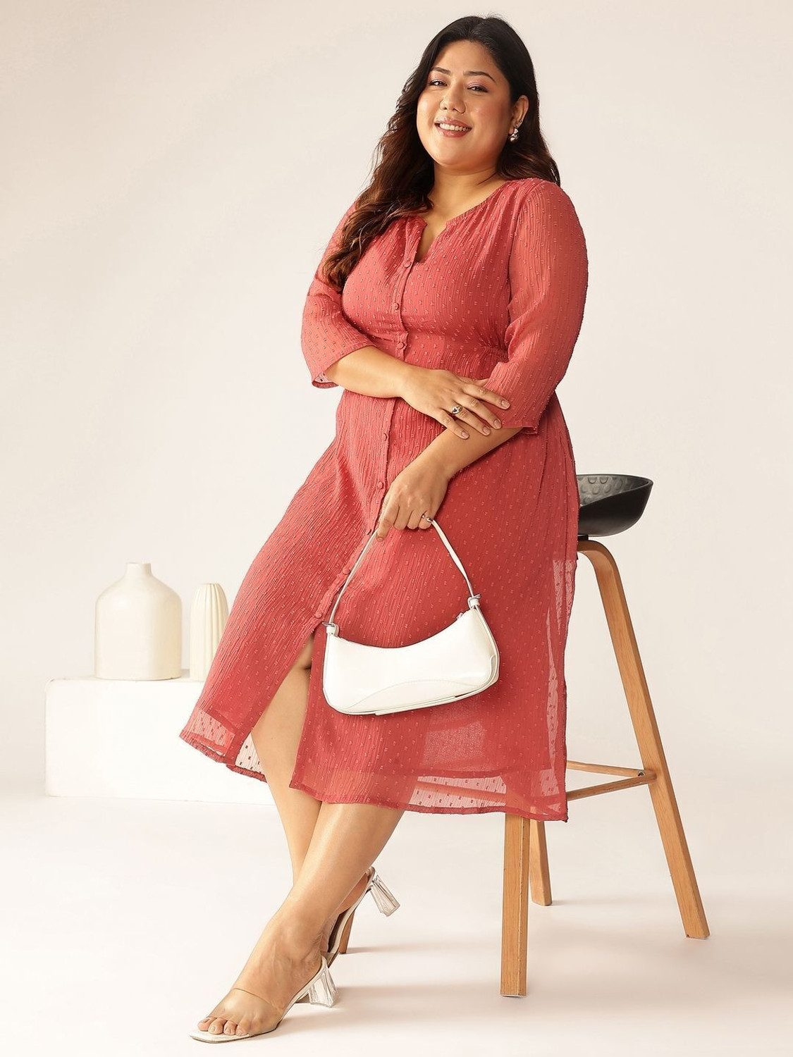 Image of Janasya Women A-line Pink Midi /Calf Length Dress