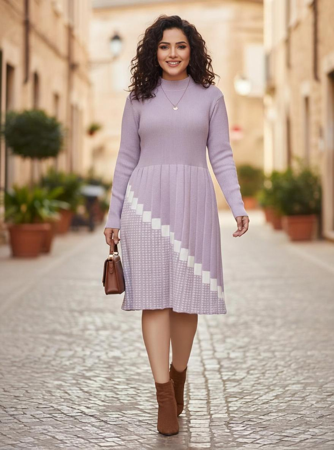 Image of Lasoon Women Pleated Purple Below Knee Dress