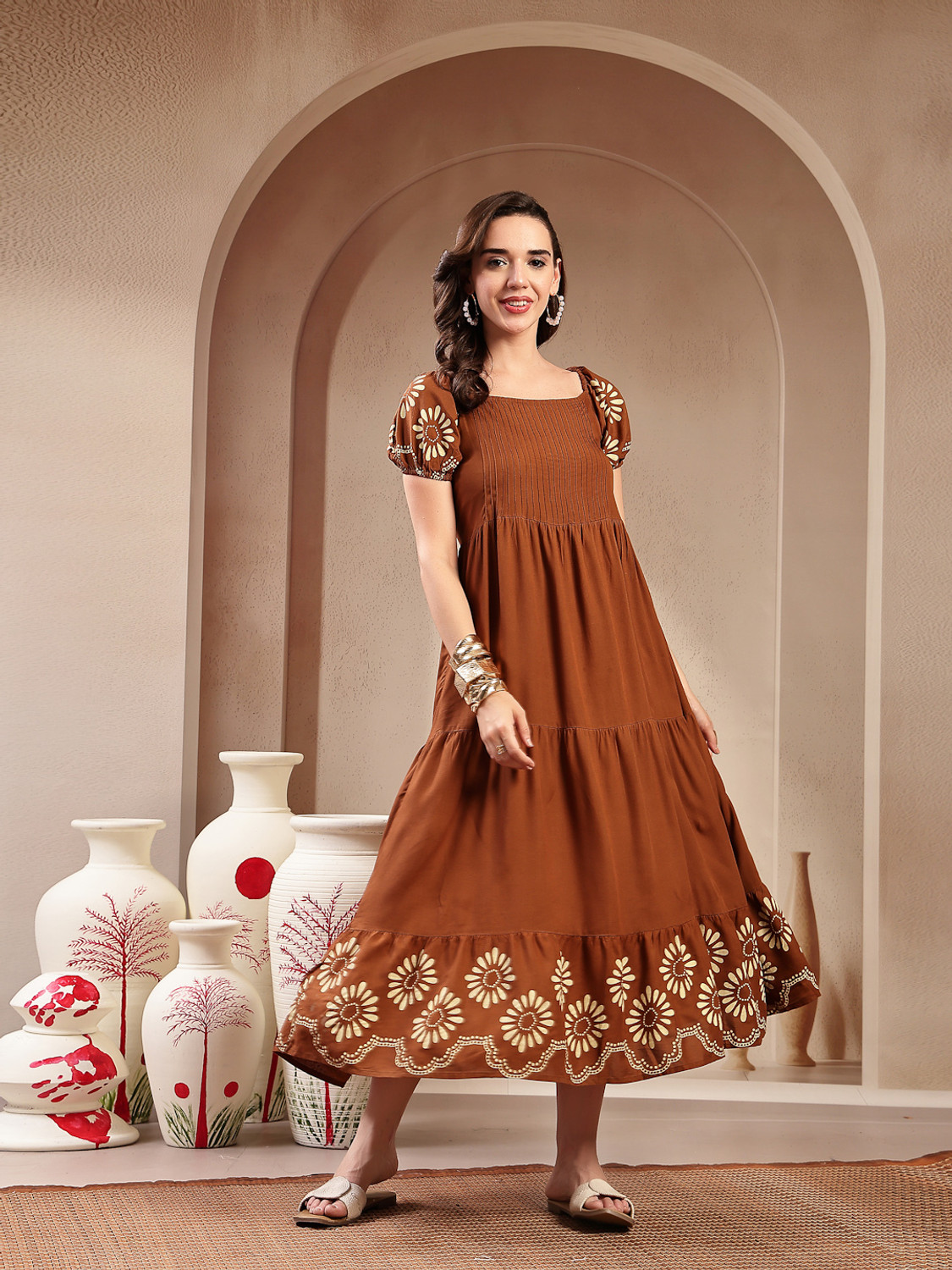 Image of Stylum Women Tiered Brown Maxi /Full Length Dress