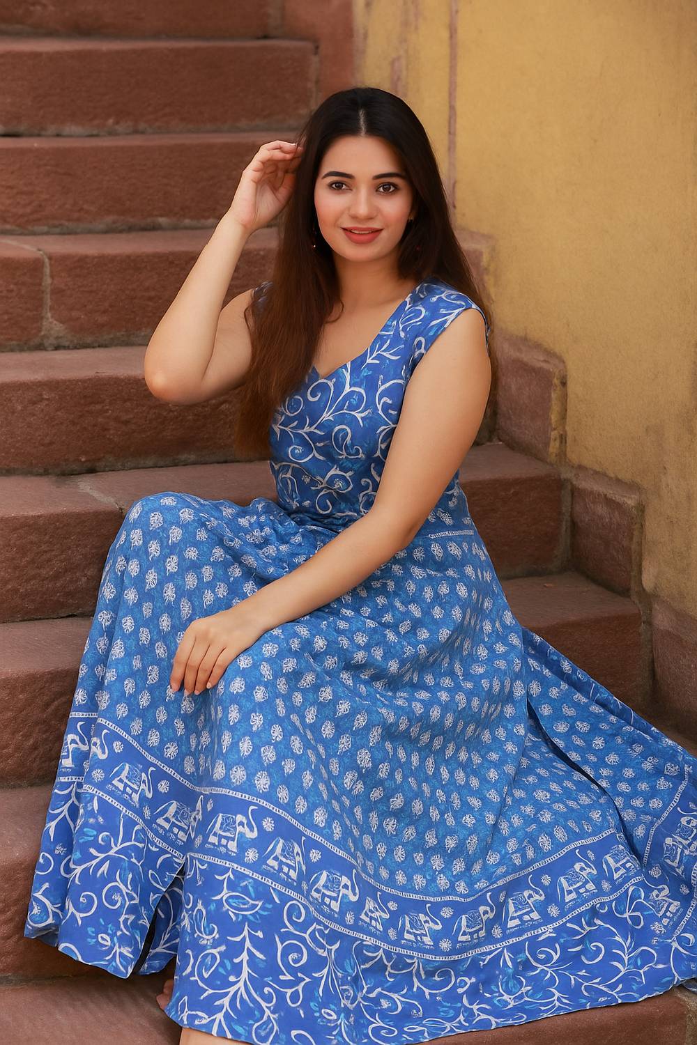 AALIVAAS Women Fit and Flare Blue Maxi/Full Length Dress
