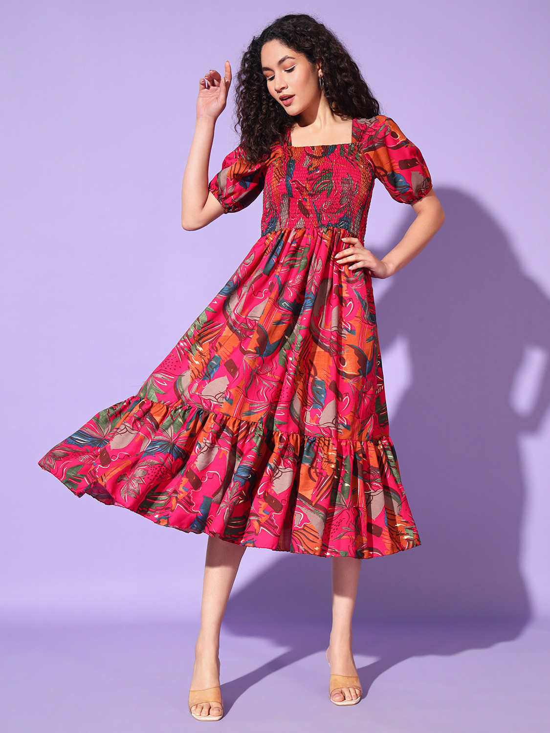 Image of starword Women Fit and Flare Pink Below Knee Dress