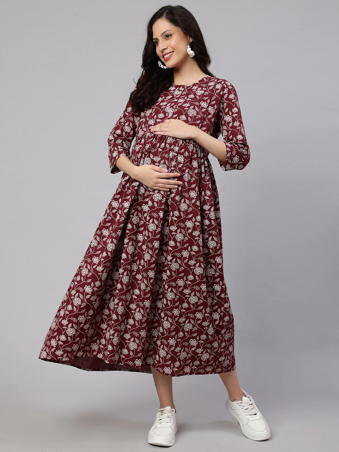 Image of Nayo Women Fit and Flare Maroon, White Midi /Calf Length Dress