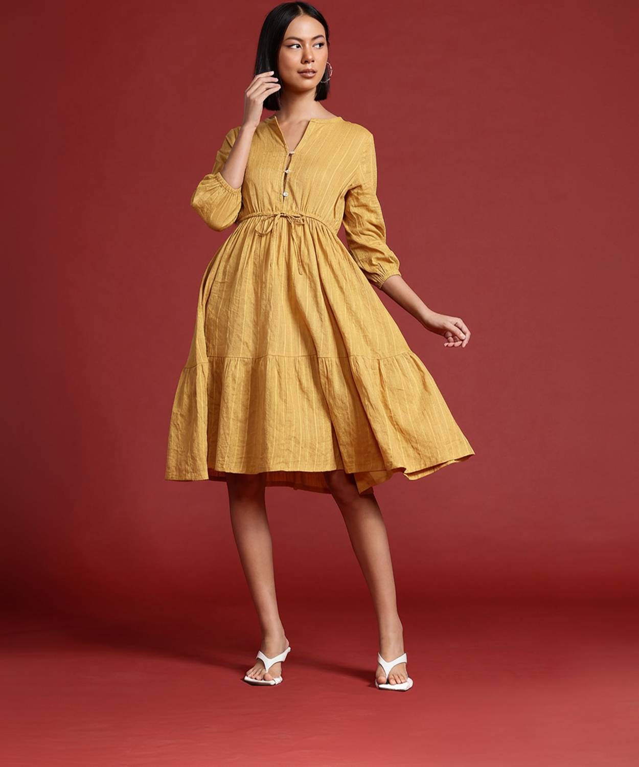 all about you Women A-line Yellow Knee Length Dress