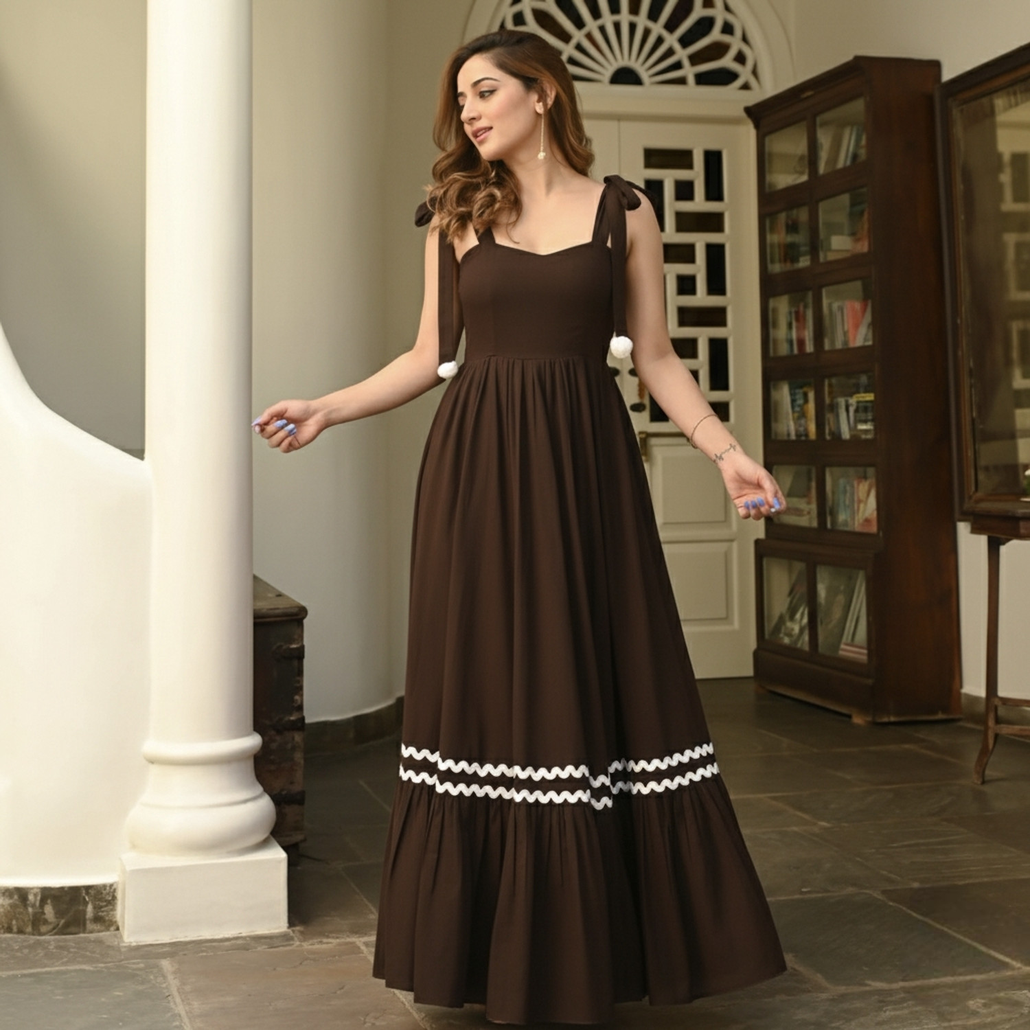Image of SARTAZ Women Fit and Flare Brown Below Knee Dress