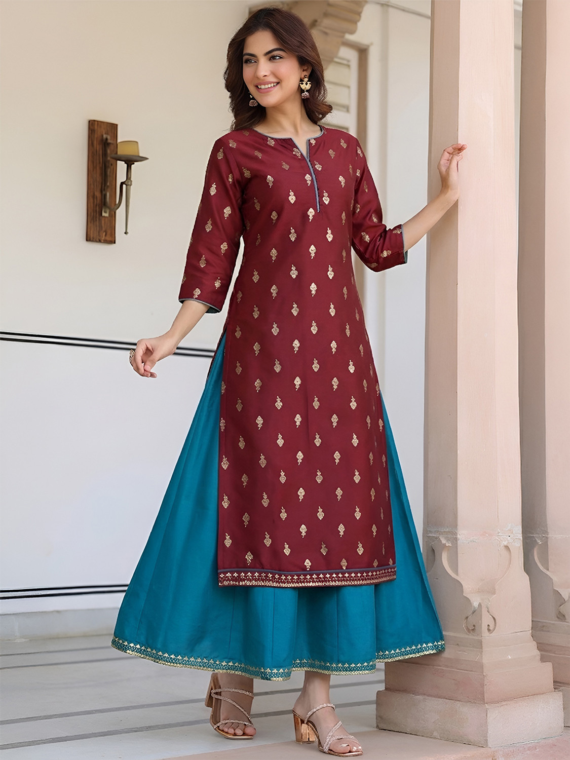 Image of Janasya Women Ethnic Dress Maroon Ankle Length Dress