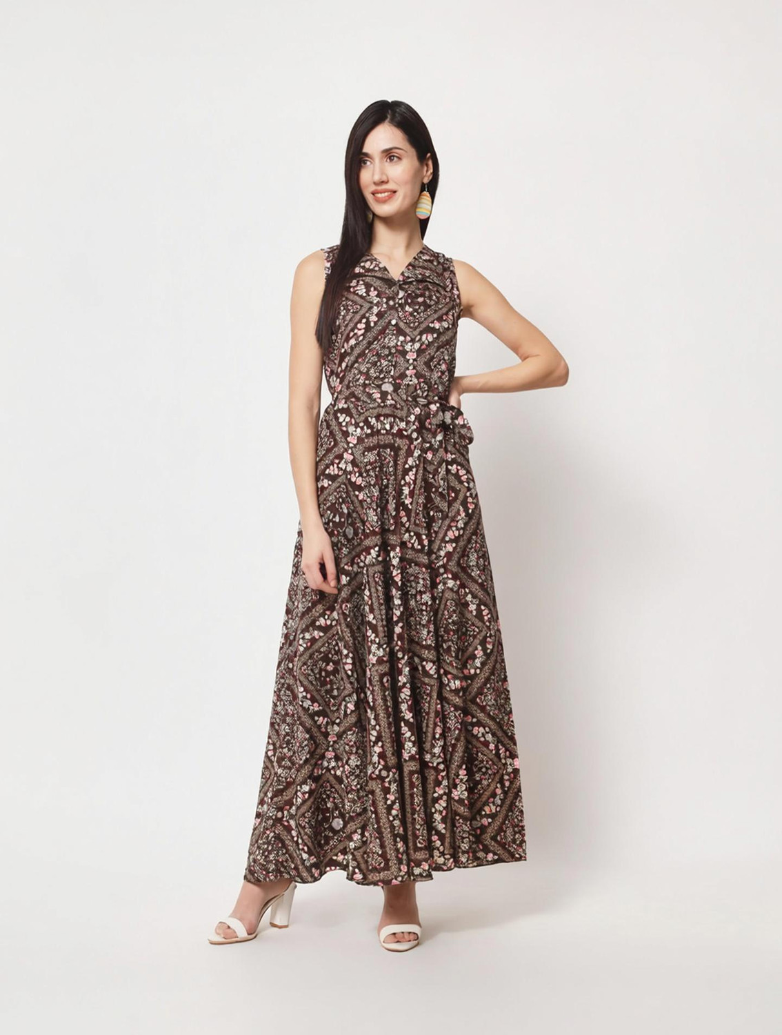 Image of Rudraaksha Women A-line Brown Maxi /Full Length Dress