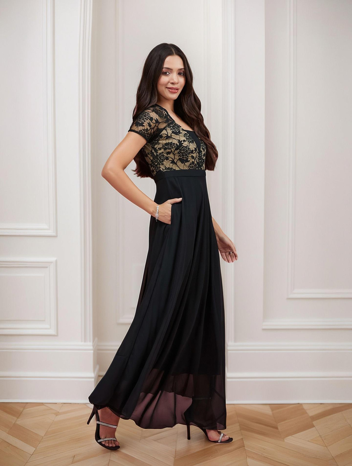 Image of Miss Chase Women Gathered Black Maxi /Full Length Dress