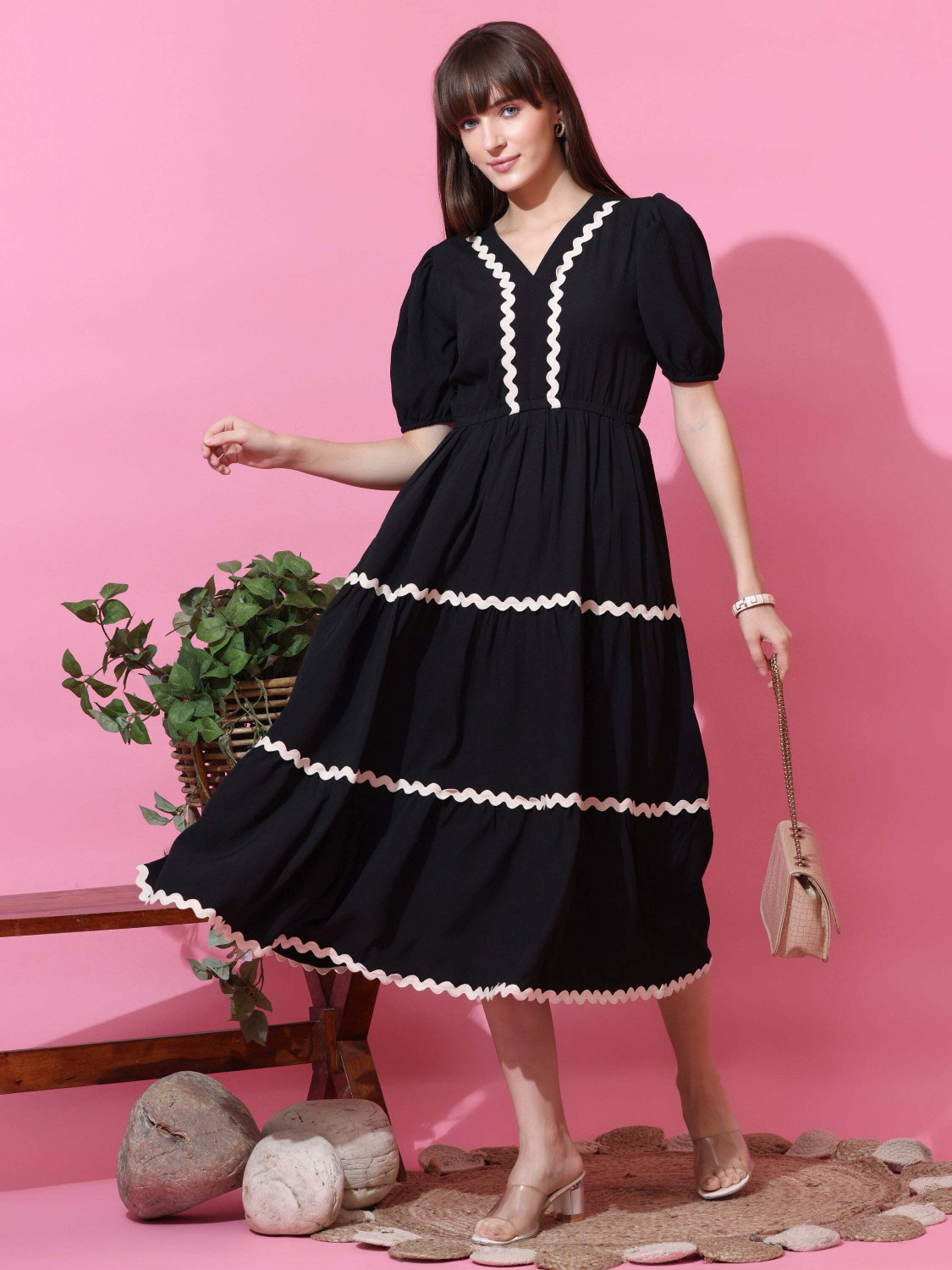 Image of Honky Tonky Women Fit and Flare Black Midi /Calf Length Dress
