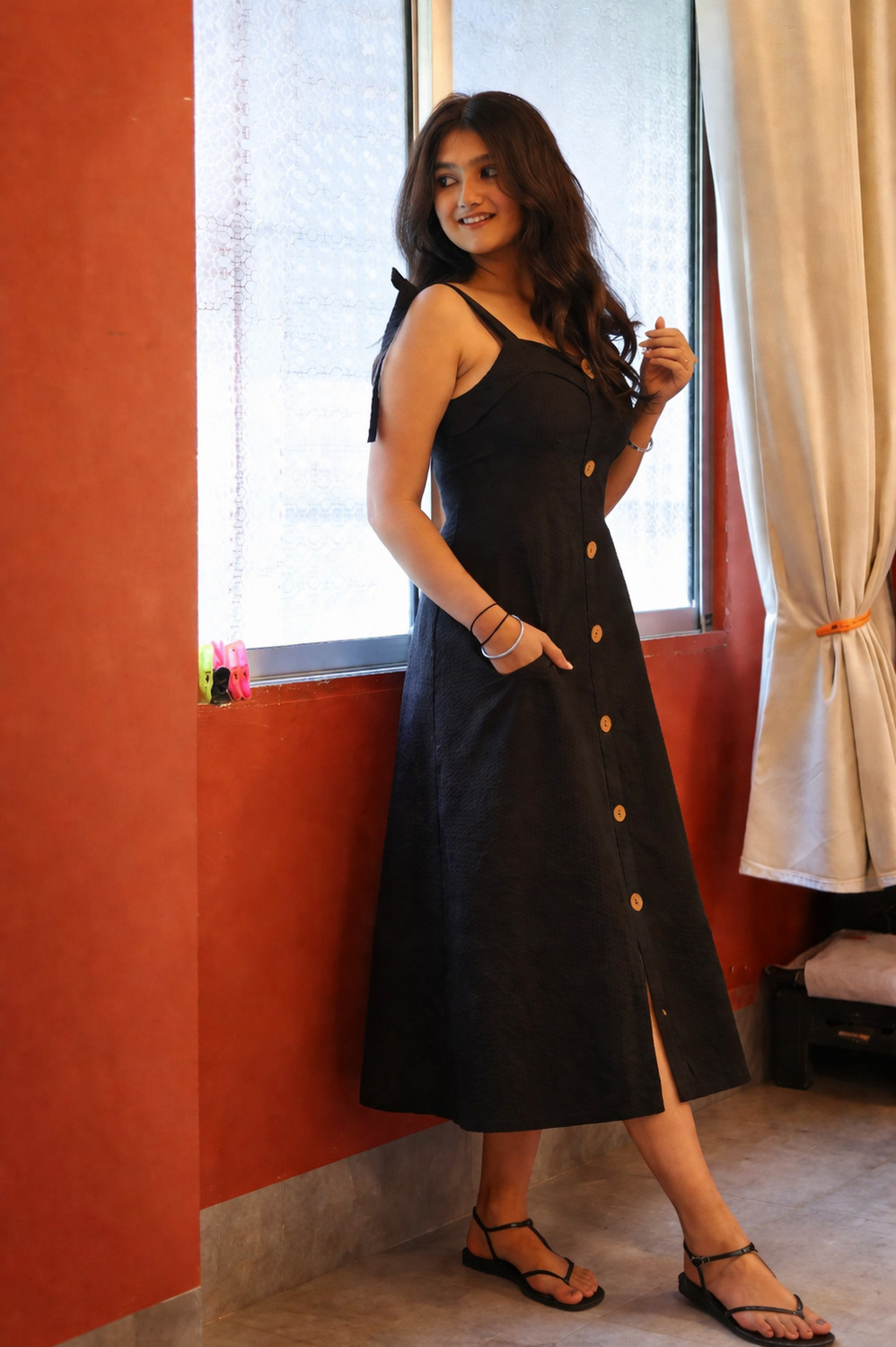 Image of AVARANIYA Women Fit and Flare Black Midi /Calf Length Dress