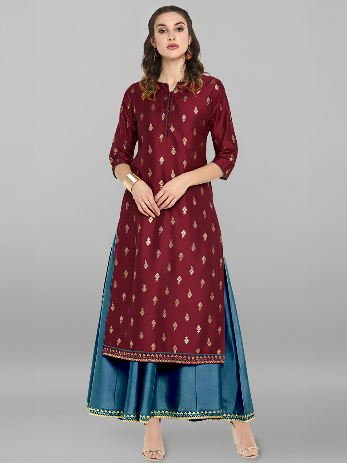 Image of Janasya Women A-line Maroon Midi /Calf Length Dress