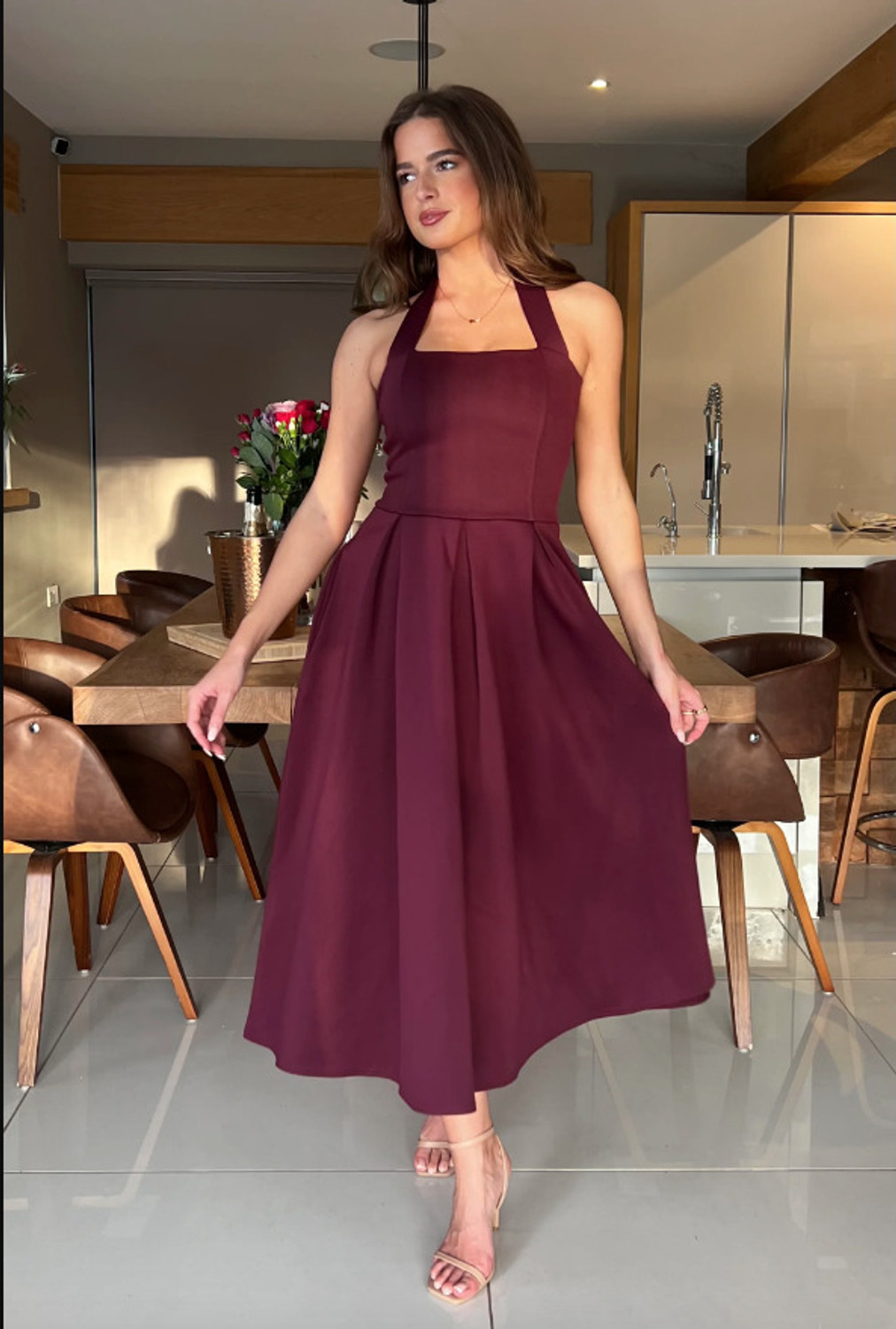 Image of Fashion Street London Women Fit and Flare Maroon Midi /Calf Length Dress