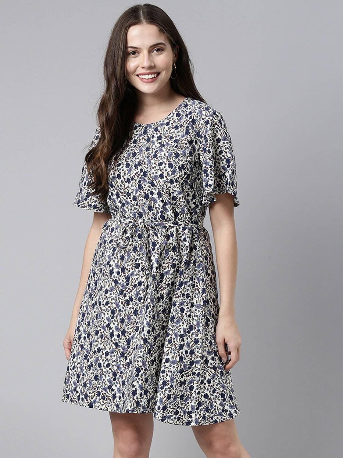 AHIKA Women Fit and Flare White, Blue Above Knee/Mid Thigh Length Dress