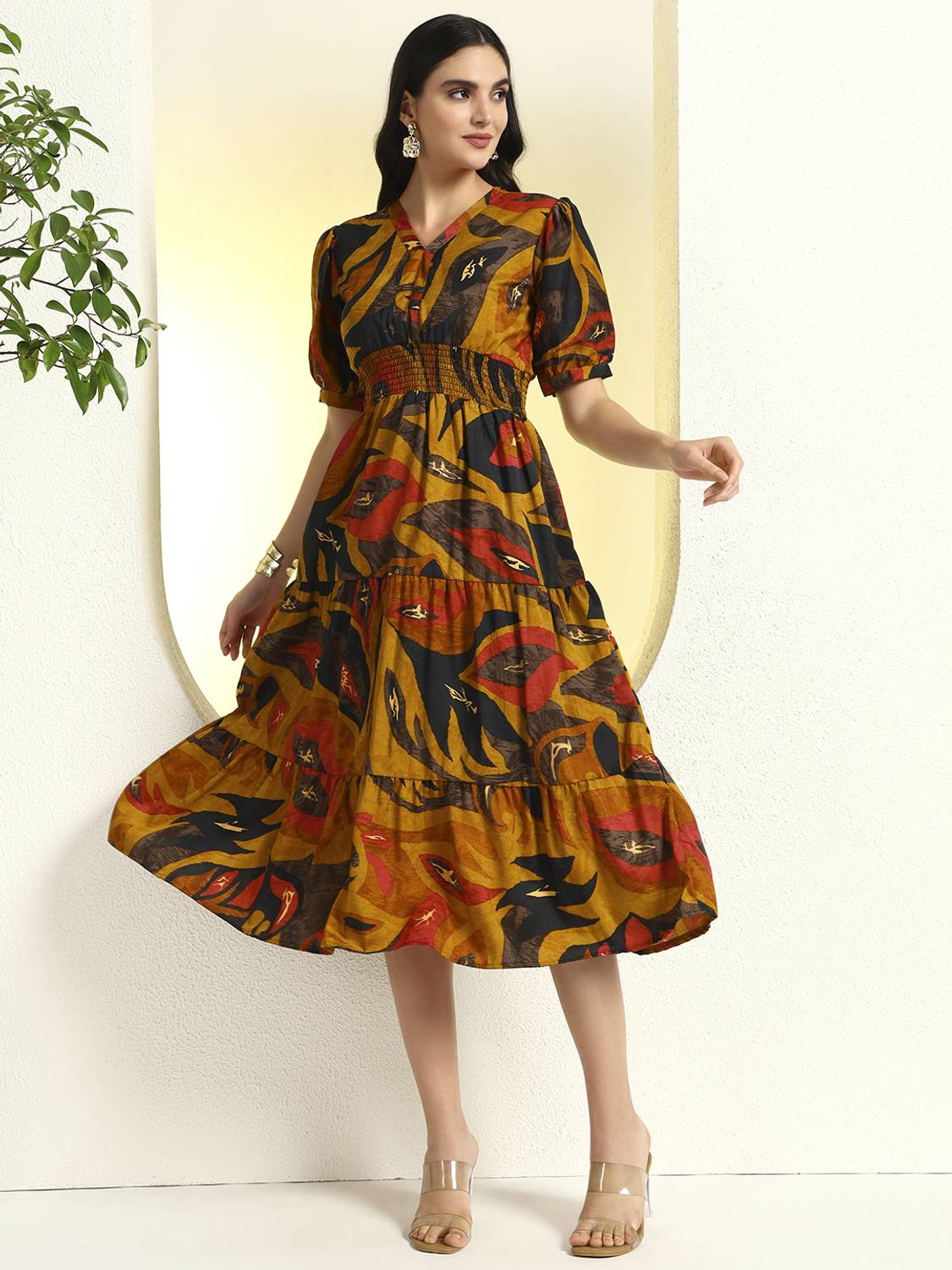 HeyStree Women Tiered Yellow Midi/Calf Length Dress